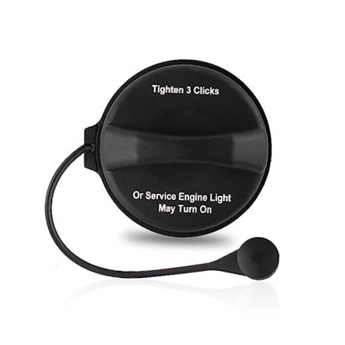 Black fuel tank cap with tightening indicator and attached tether cord