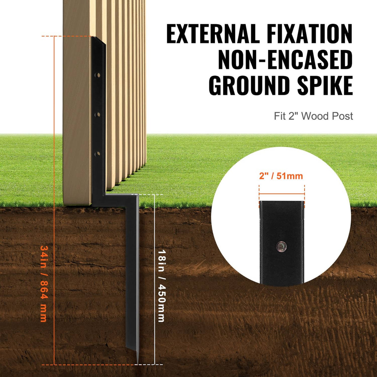 Black steel fence post anchor, U-shaped support with ground spike for 2 in wood posts