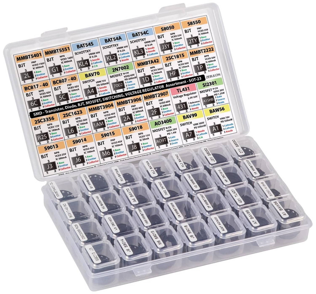 Assorted SMD transistor and MOSFET pack in clear plastic tray with labeled cells