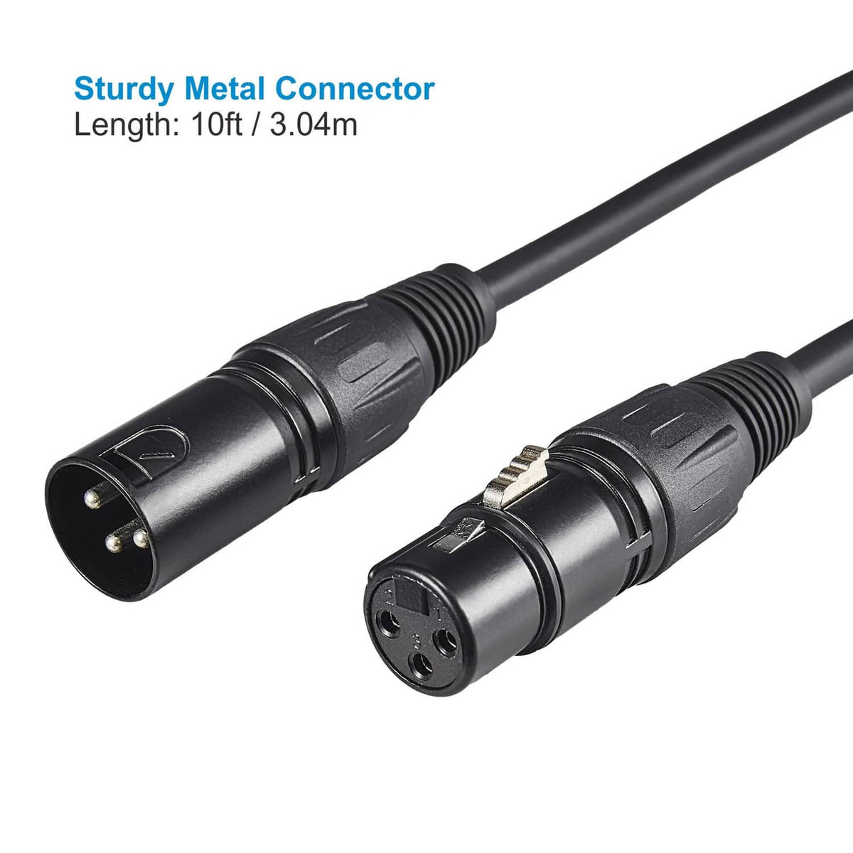 3-pin DMX cable with black metal connectors and molded strain-relief ends