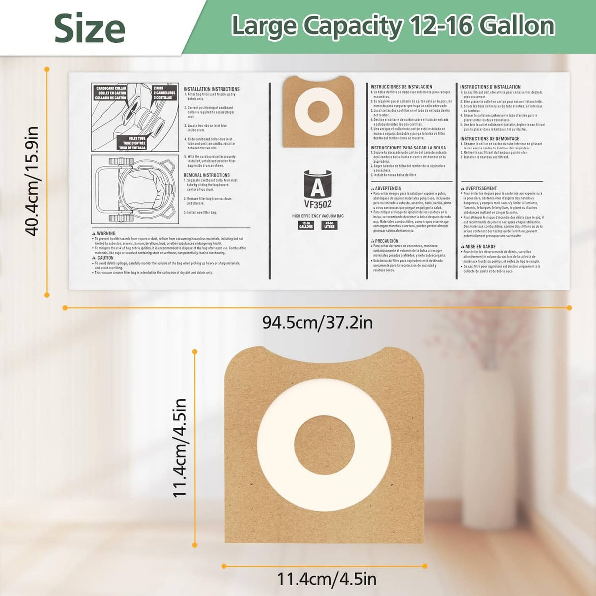 Vacuum bag size diagram with tan inlet seal and dimensions for the bag piece