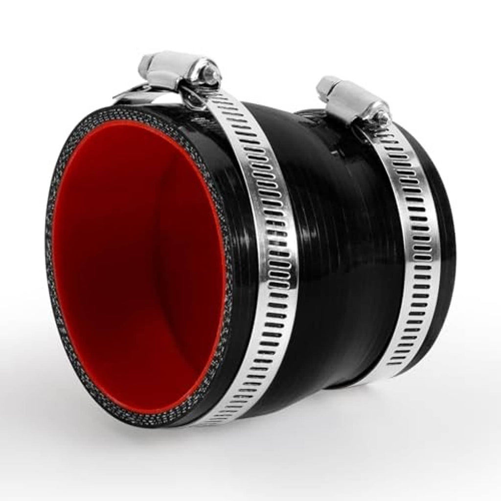 Black silicone reducer hose with red interior and two stainless hose clamps, angled
