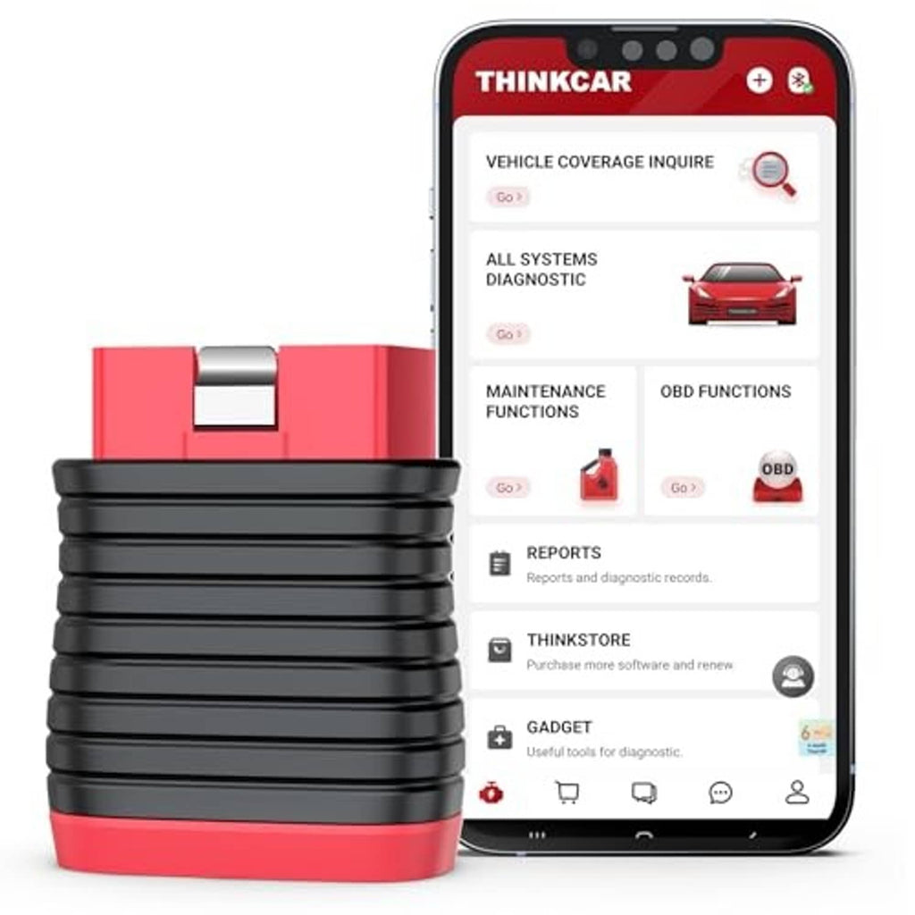 OBD2 code scanner with red top and black stacked connectors next to phone app screen