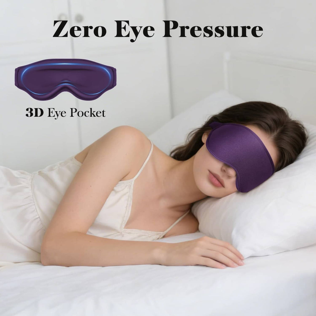 Purple 3D sleep eye mask on sleeping woman in bedroom