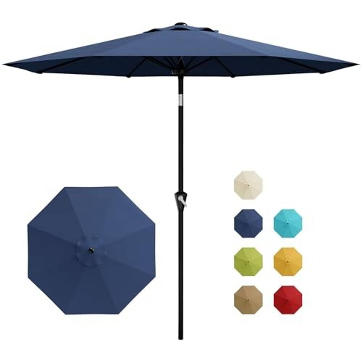 Navy 9ft patio umbrella with open canopy, straight pole, and color options