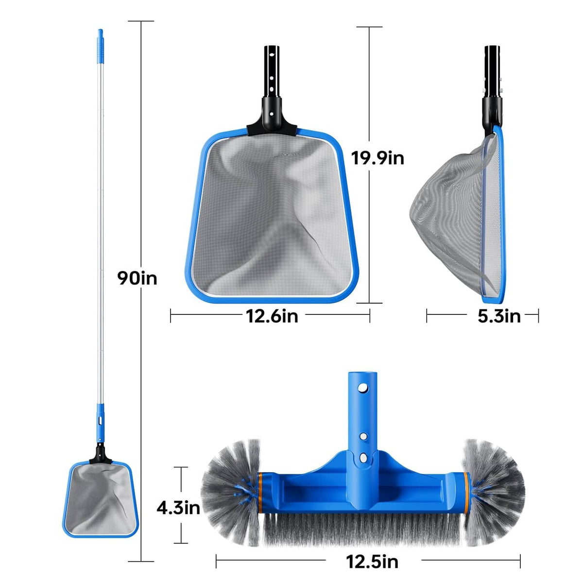 Pool cleaning kit components: mesh net, brush head, and extension poles with sizes.