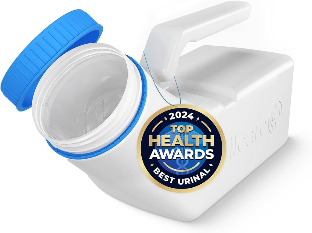 Men's plastic urinal with blue screw lid open and white spout; health awards badge