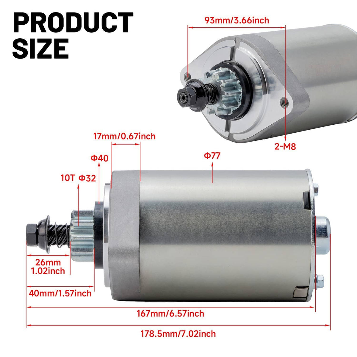 Starter motor size diagram with shaft, terminals, and mounting measurements