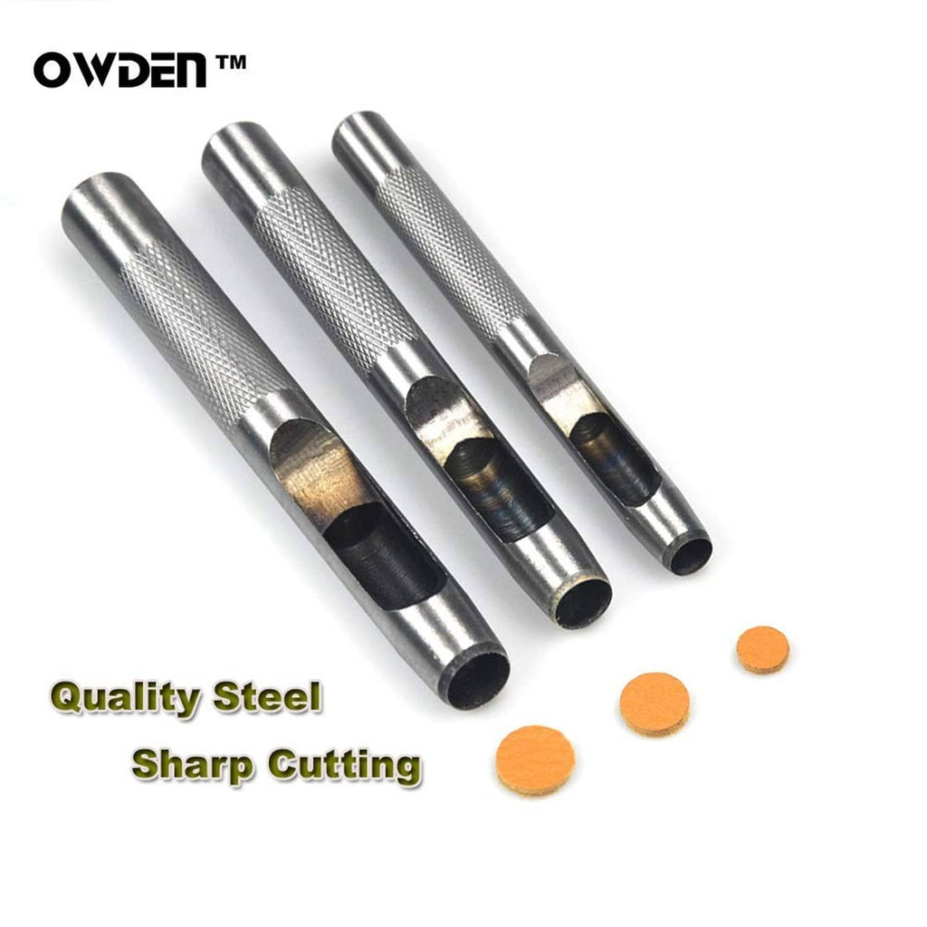 Silver hollow punch dies with black ends, shown with small round punch samples