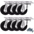 Set of 8 swivel caster wheels with black rubber tires and metal top plates