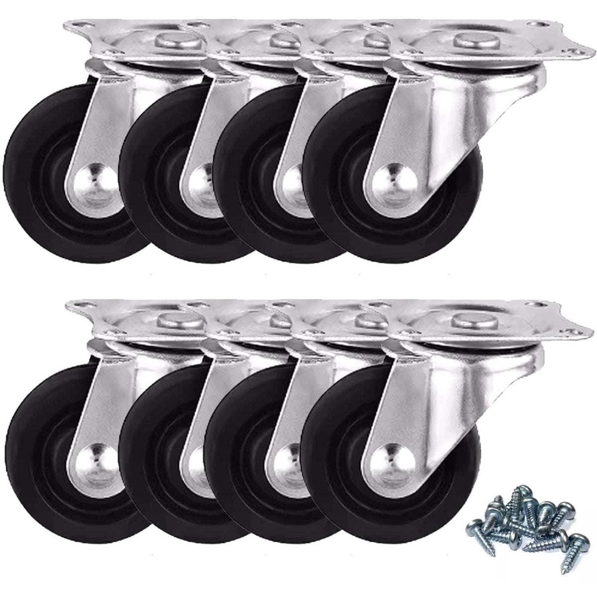 Set of 8 swivel caster wheels with black rubber tires and metal top plates