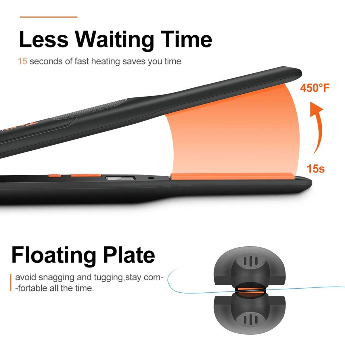 Black hair flat iron with thin floating plates and orange heat guide indicator