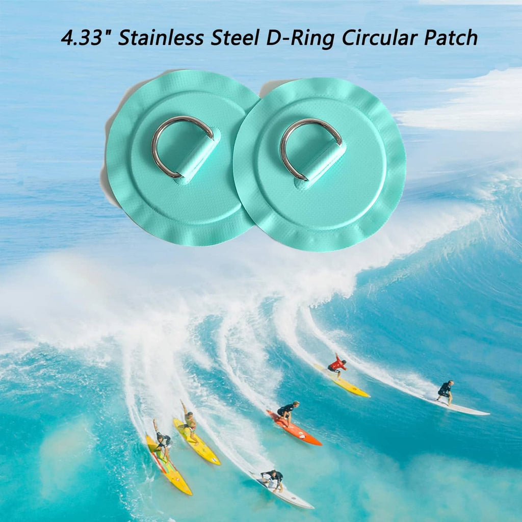 Teal circular patch with stainless steel D-ring, two-pack view