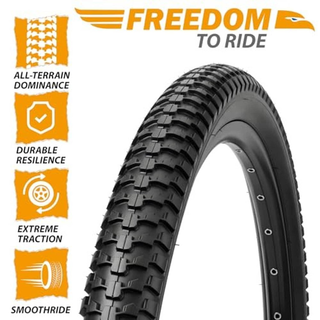Black mountain bike tire with heavy-duty knobby tread and sidewall nubs