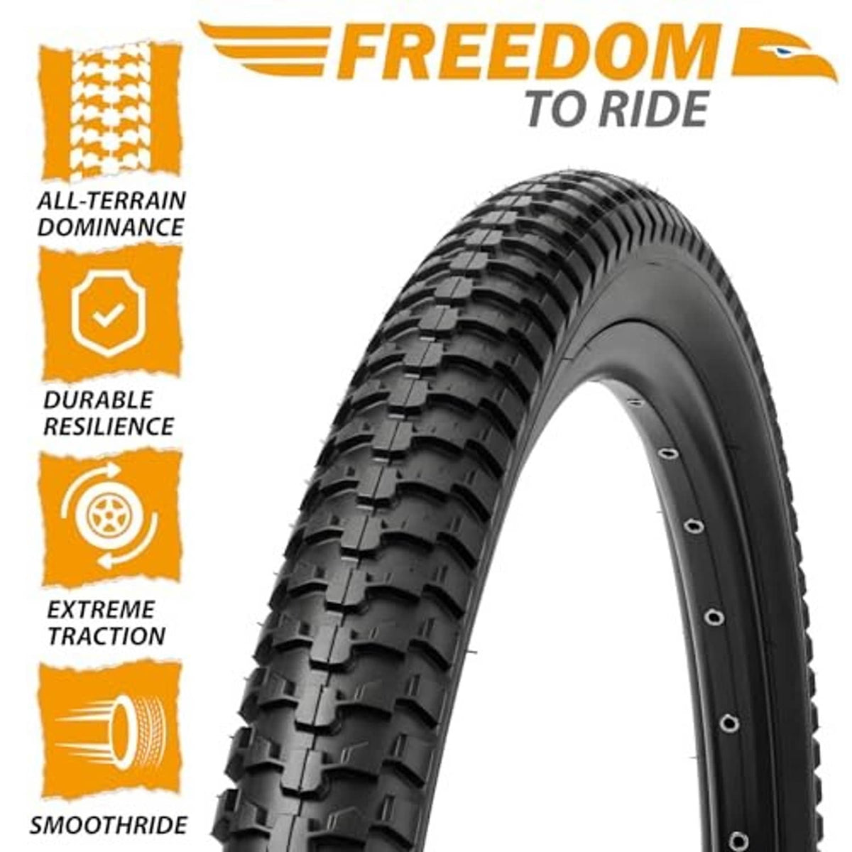 Black mountain bike tire with heavy-duty knobby tread and sidewall nubs