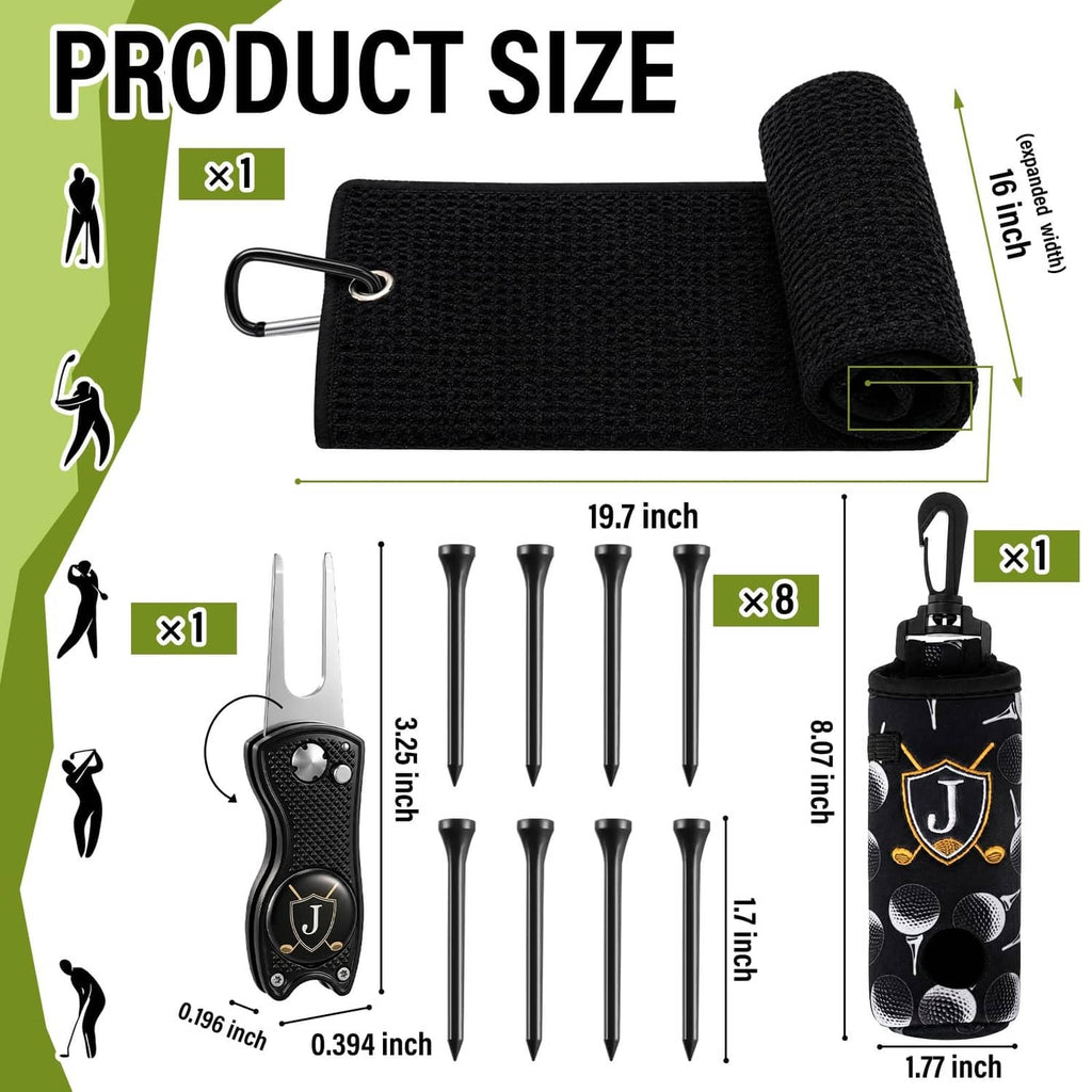 Black golf accessory kit with folded pouch and set of 8 tees and divot/brush tools, sizes shown