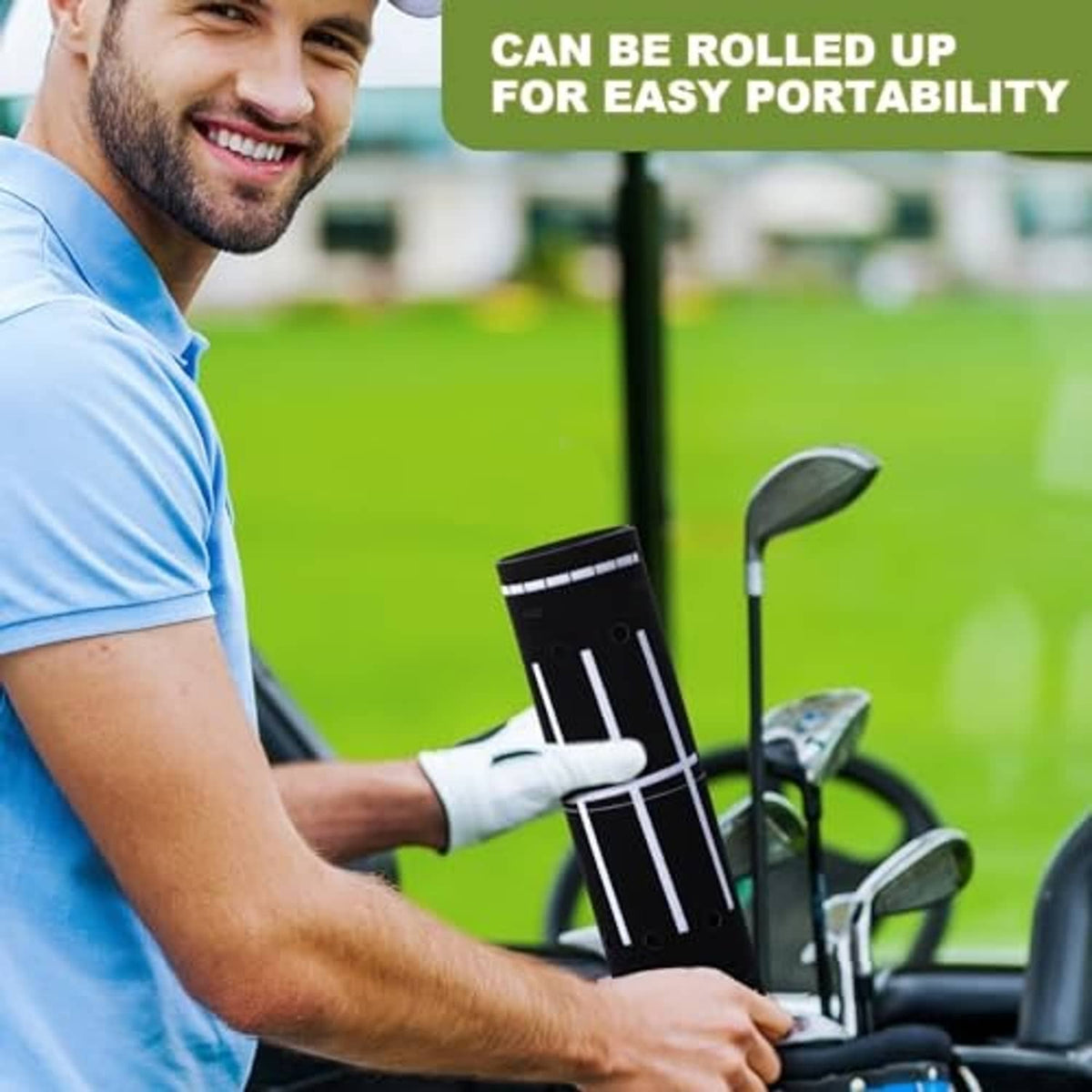 Rolled black putting mat with white stripe markings, secured for transport