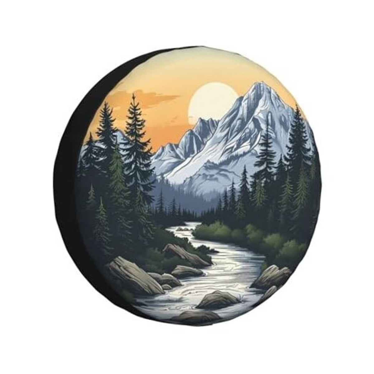 Black spare tire cover with mountain landscape and sunset river graphic