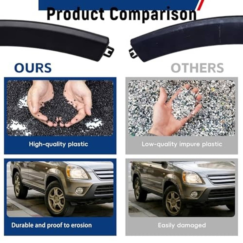 Black curved bumper filler trim pieces with mounting clips, product comparison