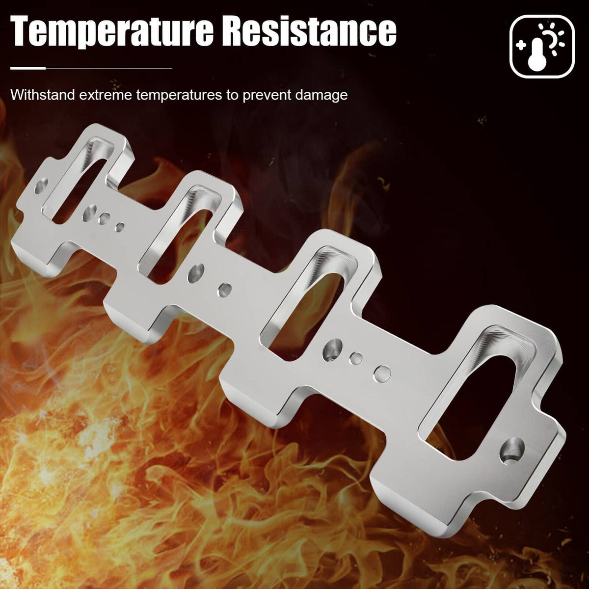 White port adapter plates with mounting holes, shown against heat resistance theme