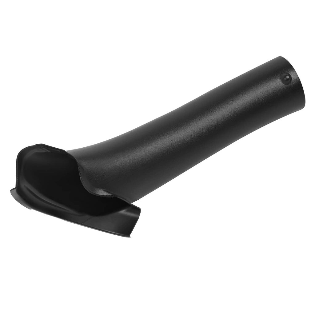 Black curved mower discharge chute with attached deflector and mounting tab