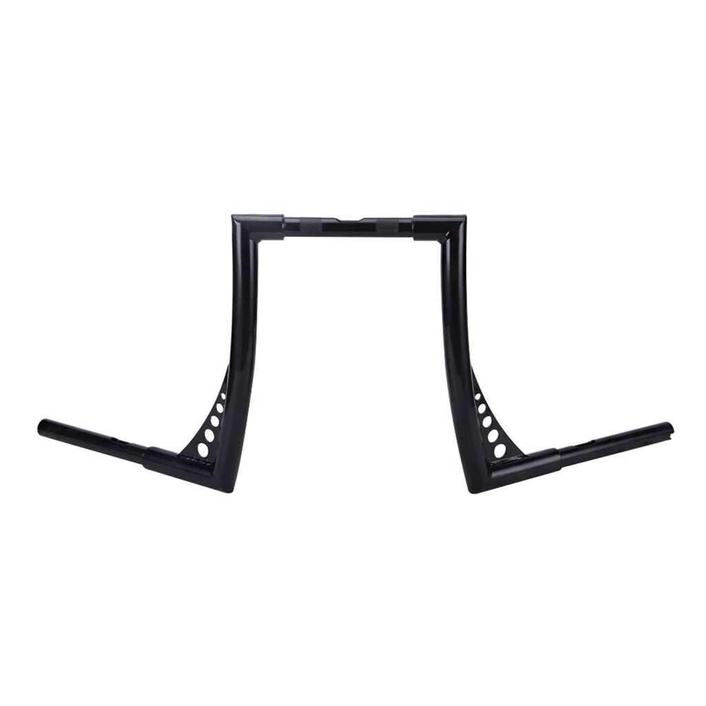 Black ape hanger handlebars with drilled mounting holes and raised center bar, wide view