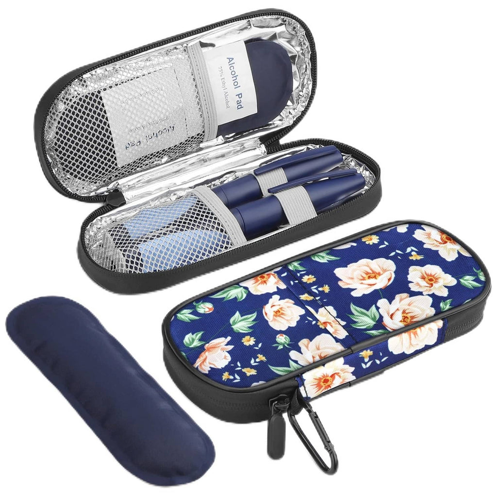 Floral insulin cooler travel case with zipper, open view of two blue ice packs
