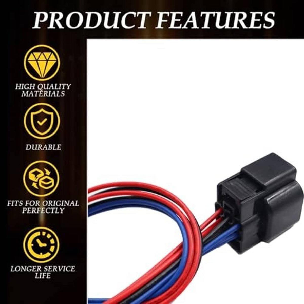 6-pin headlight connector pigtail with red, blue, and black wire leads