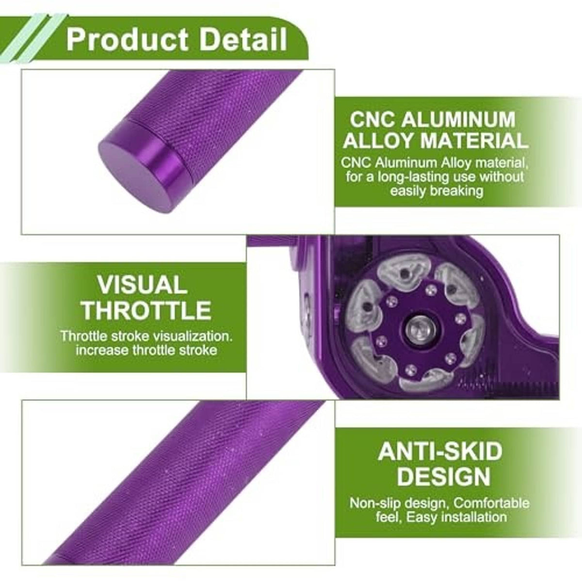 Purple throttle grip detail with anti-skid textured surface and CNC aluminum housing