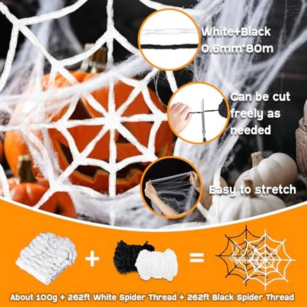 White spider web strands with radial spokes and cross lines, stretched over a pumpkin