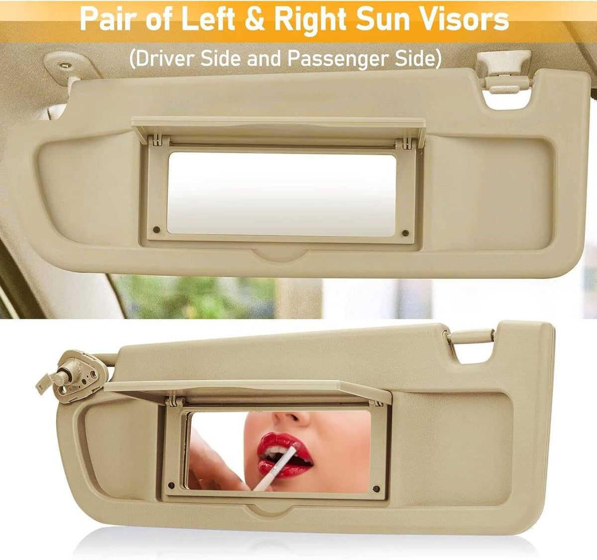 Beige left and right sun visors with open vanity mirror covers.