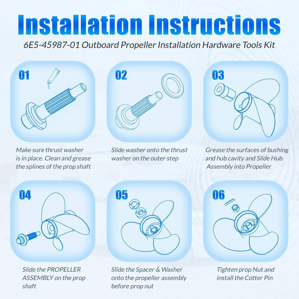 Propeller installation hardware instructions sheet with step diagrams and kit parts icons