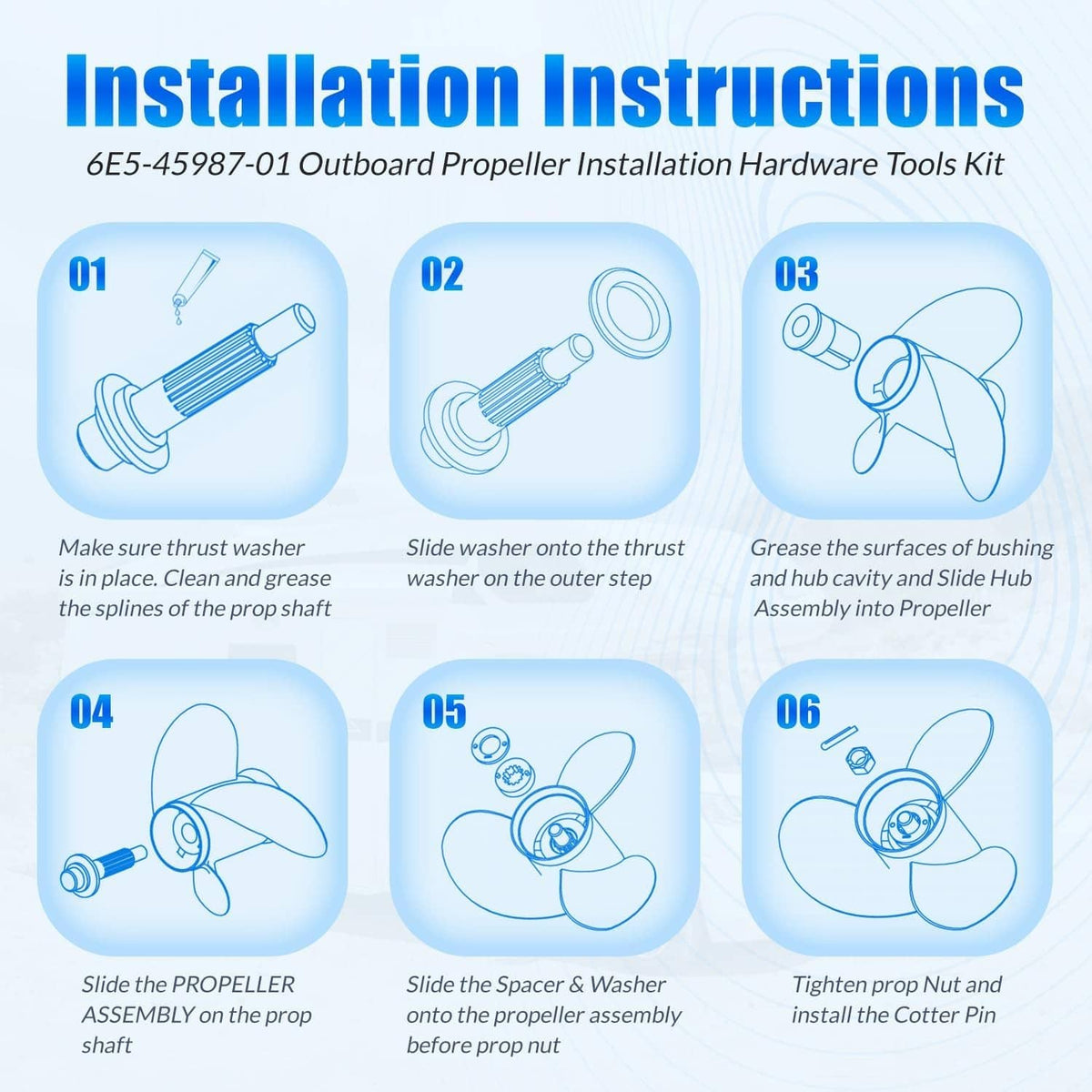 Propeller installation hardware instructions sheet with step diagrams and kit parts icons