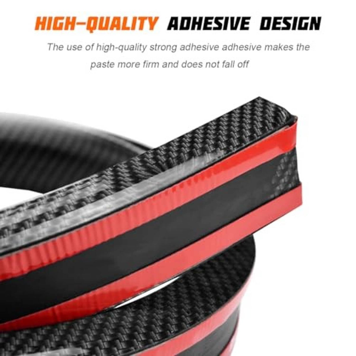 Carbon fiber-look rubber spoiler lip with red accent stripe, glossy black texture