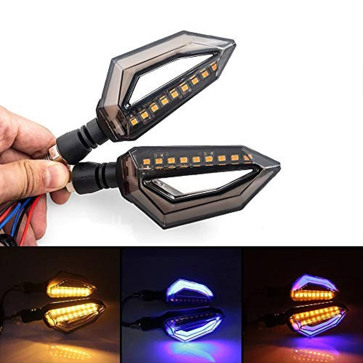Motorcycle LED turn signals with black rubber stems and clear lens, amber LED strip
