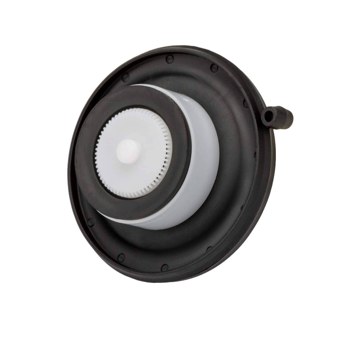 Black irrigation valve diaphragm with white inner component and outer seal ring