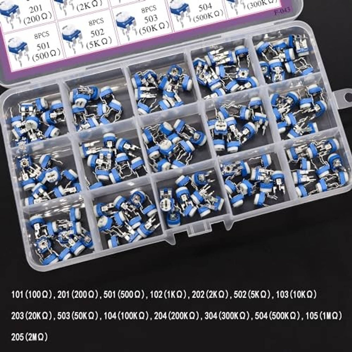 Open clear case with multiple grid compartments filled with blue 6mm potentiometers and pins