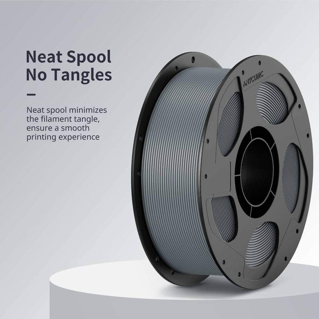 Grey PLA filament neatly wound on dual-sided spool, visible layered coils