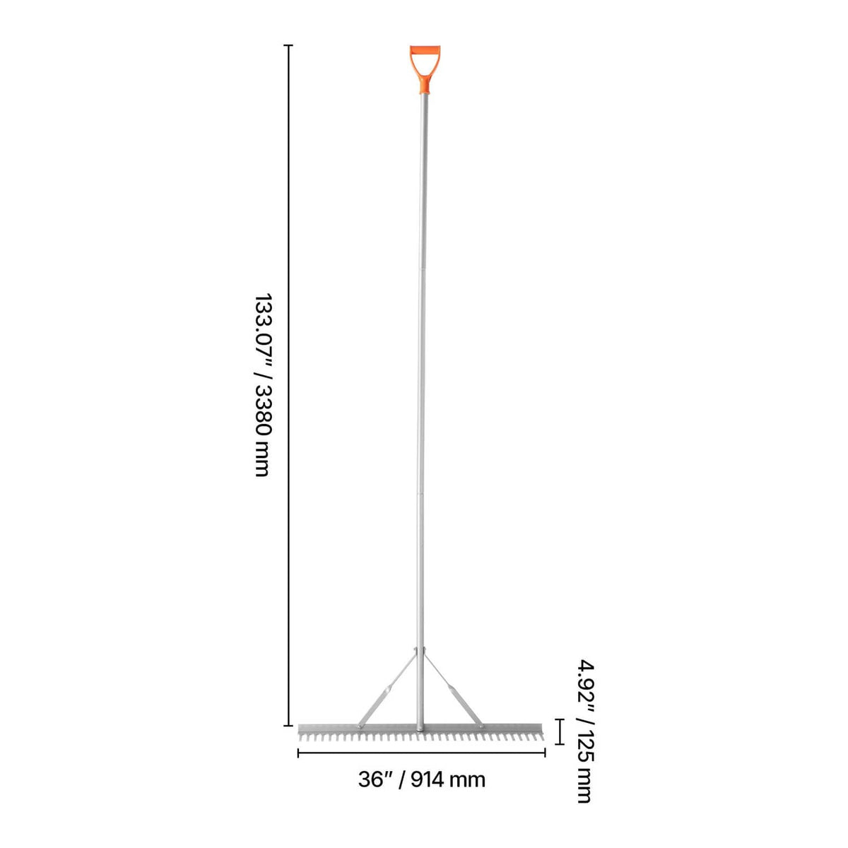 133-in aluminum landscape rake with 36-in wide rake head and orange handle grip