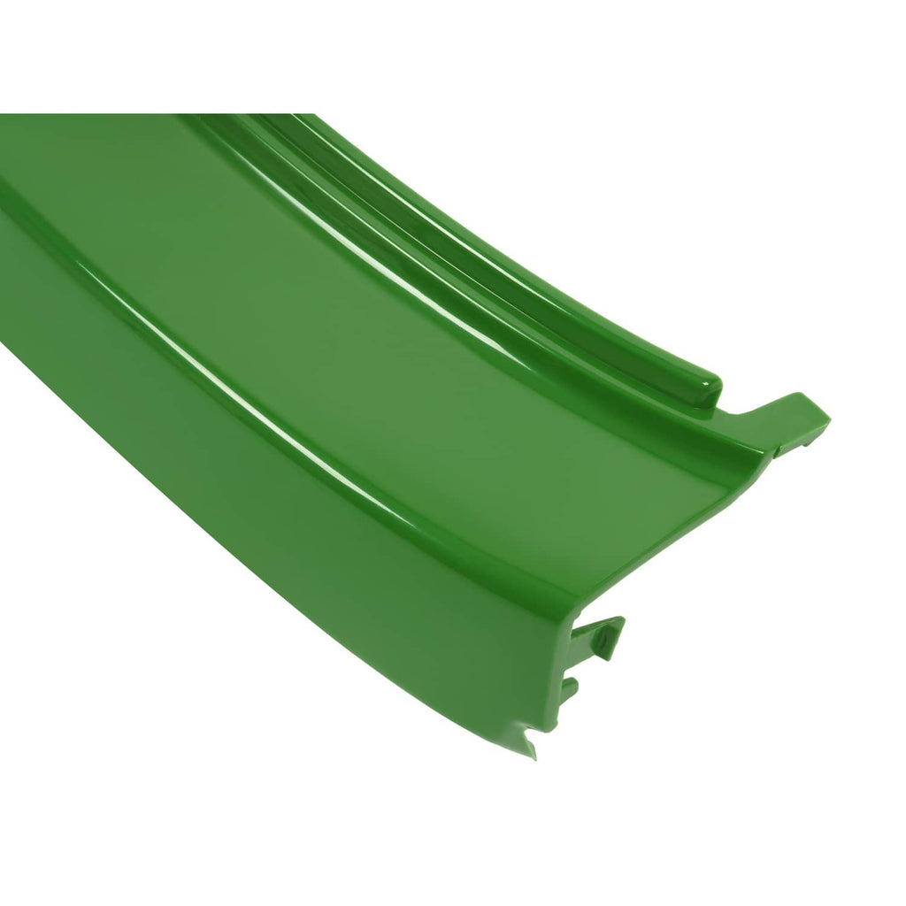 Green front bumper for John Deere mower, close-up of lower edge and tabs