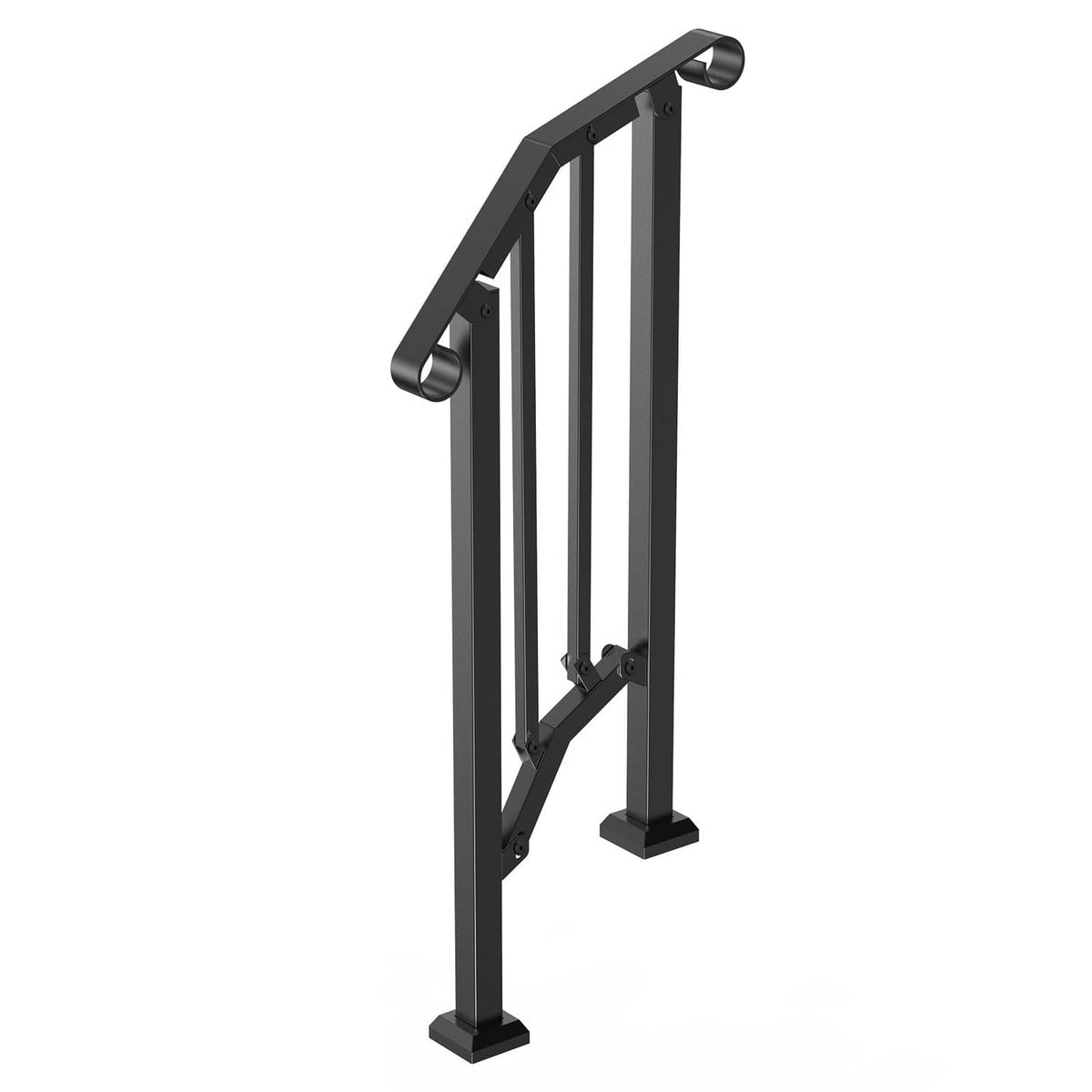 Black freestanding outdoor step handrail with rounded-top rail and support bar.
