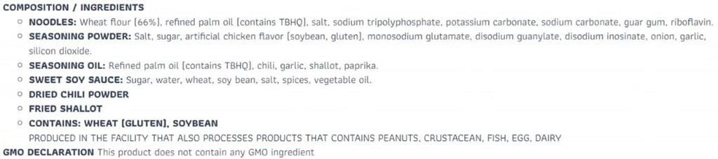 Ingredients list for Indomie Mi goreng hot & spicy flavour instant noodles, rear panel