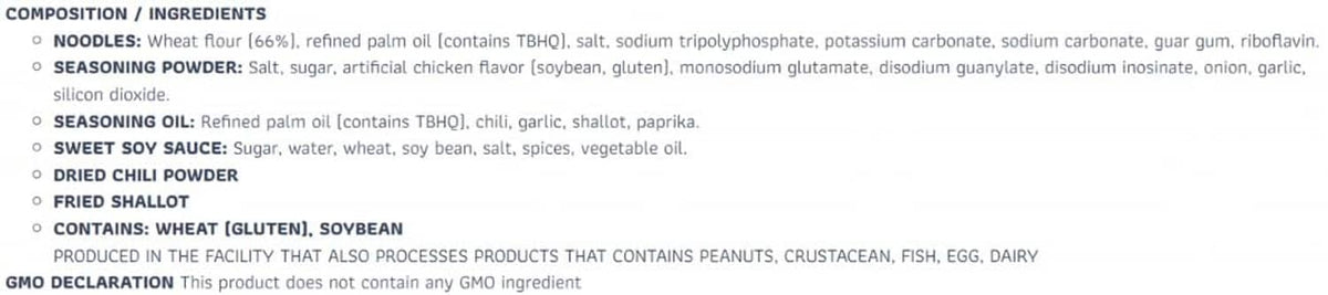 Ingredients list for Indomie Mi goreng hot & spicy flavour instant noodles, rear panel