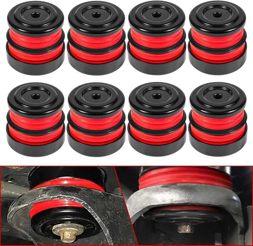 Silicone body mount bushings set with red cores and black steel cups