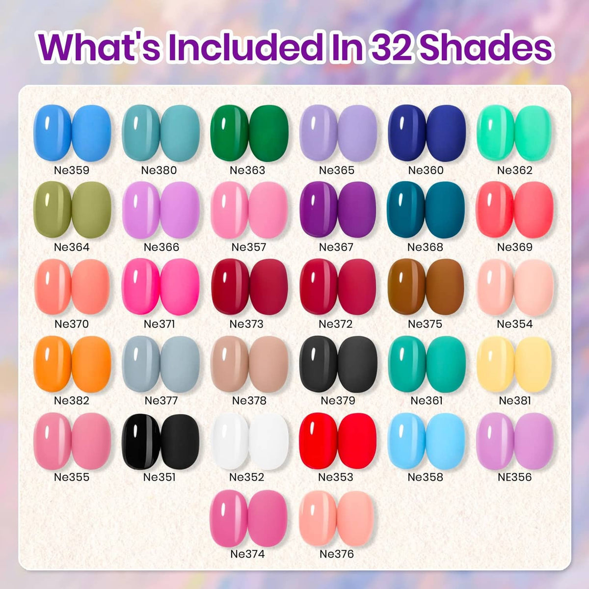 Color shade swatch grid for gel polish set with many nail polish chip colors