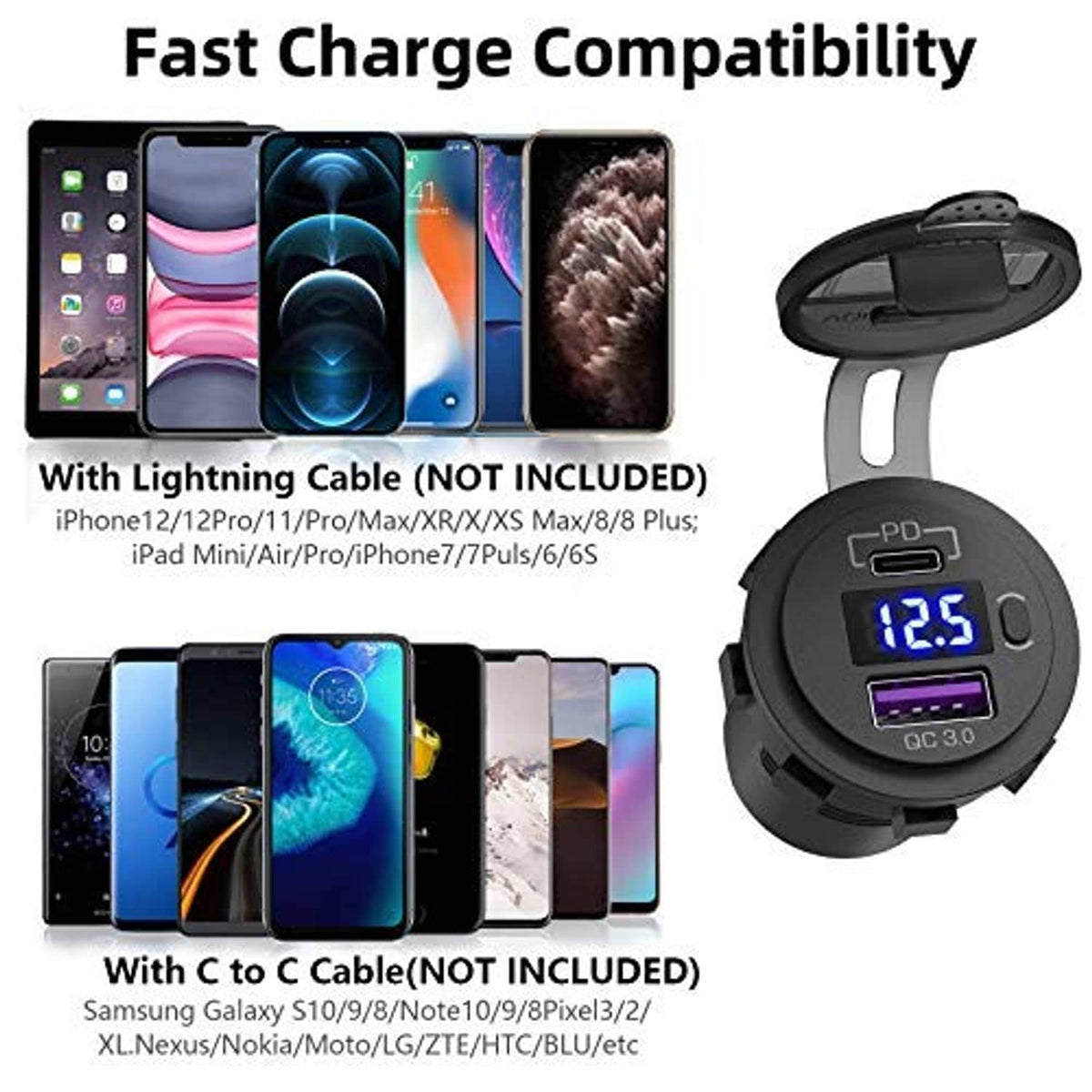 Black dual USB car charger socket with a USB-C PD port and a QC 3.0 port