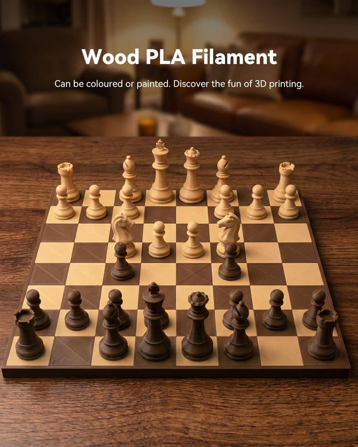 Wood PLA chess set with tan and dark pieces on a checkered board
