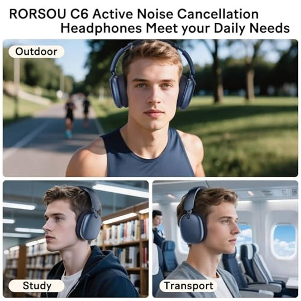 Blue active noise cancelling over-ear headphones on a person outdoors