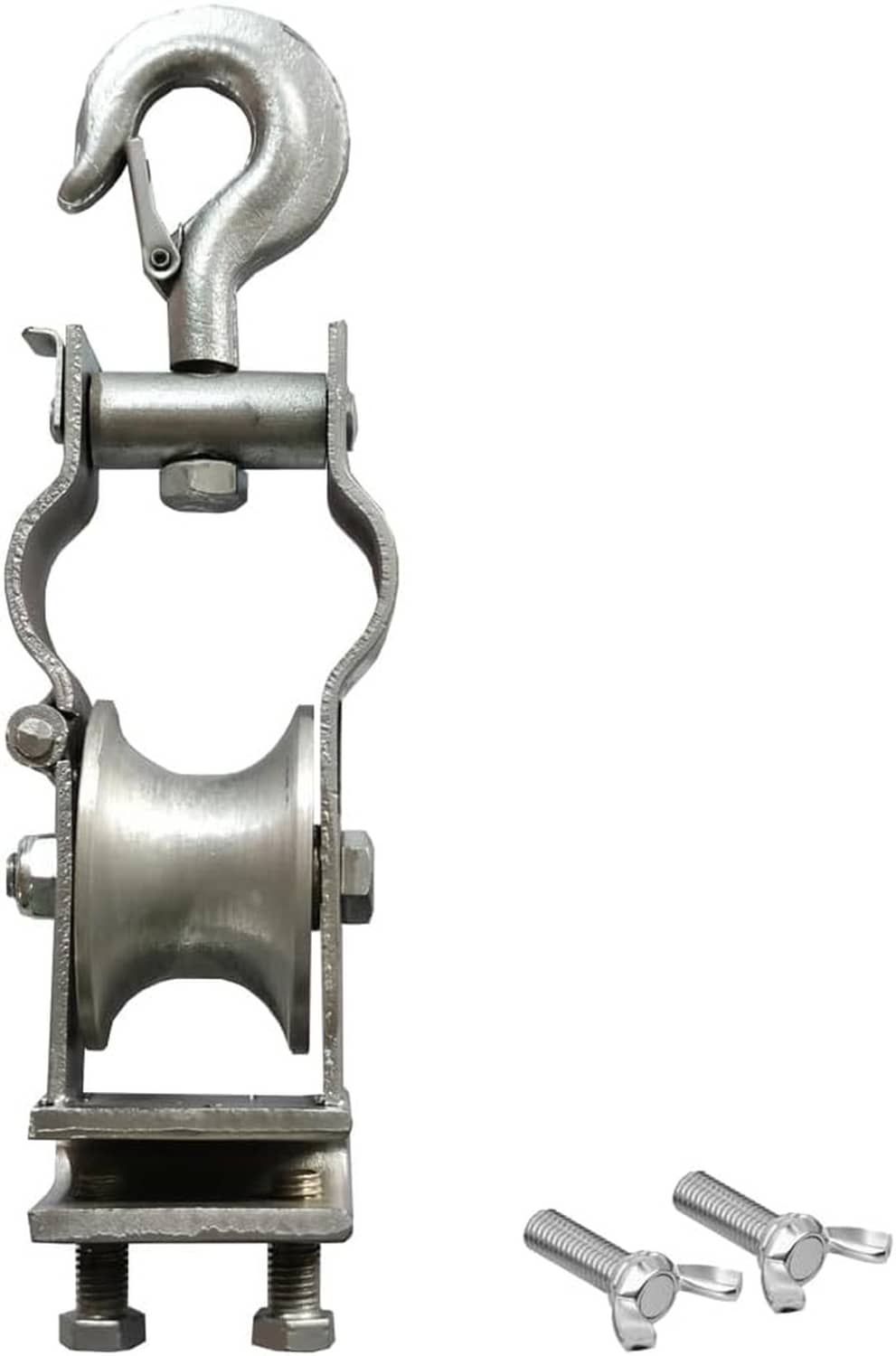 Cast aluminum cable pulley with U-bolt hook, mounting bracket, and two nuts