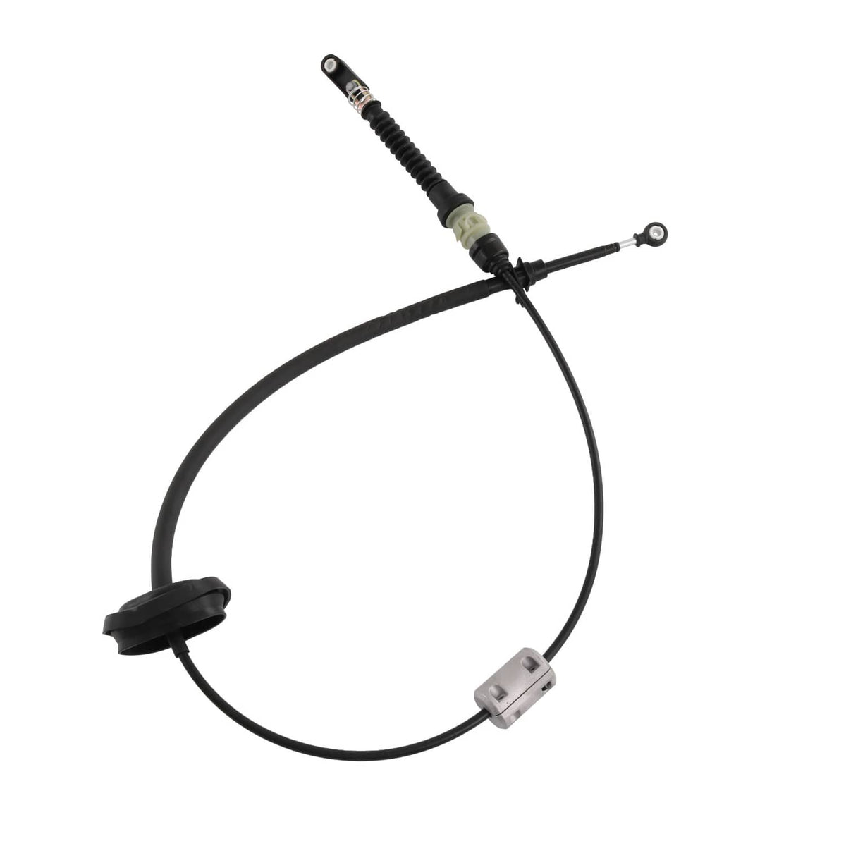 Auto transmission shift control cable with black housing, gray connector plug, and metal link